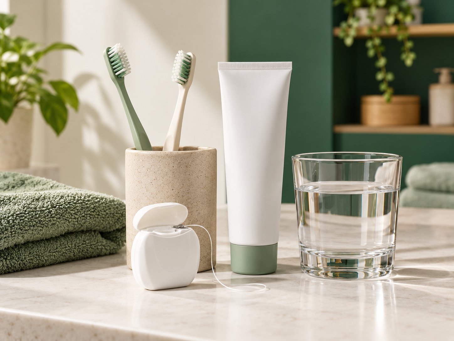 Produtos de higiene oral, com escovas, pasta dentífrica e fio dentário