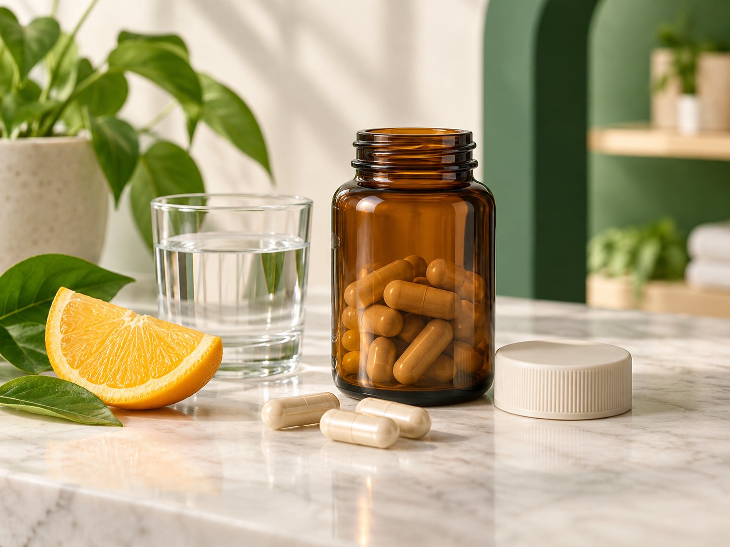 Vitaminas e suplementos, com cápsulas, água e citrinos
